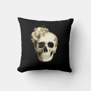 Gothic Floral Skull White Roses Throw Pillow
