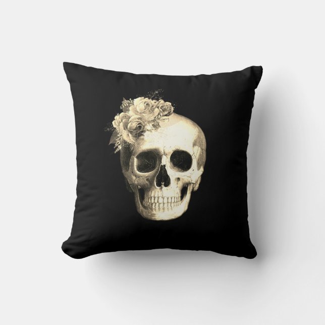 Gothic Floral Skull White Roses  Throw Pillow (Front)