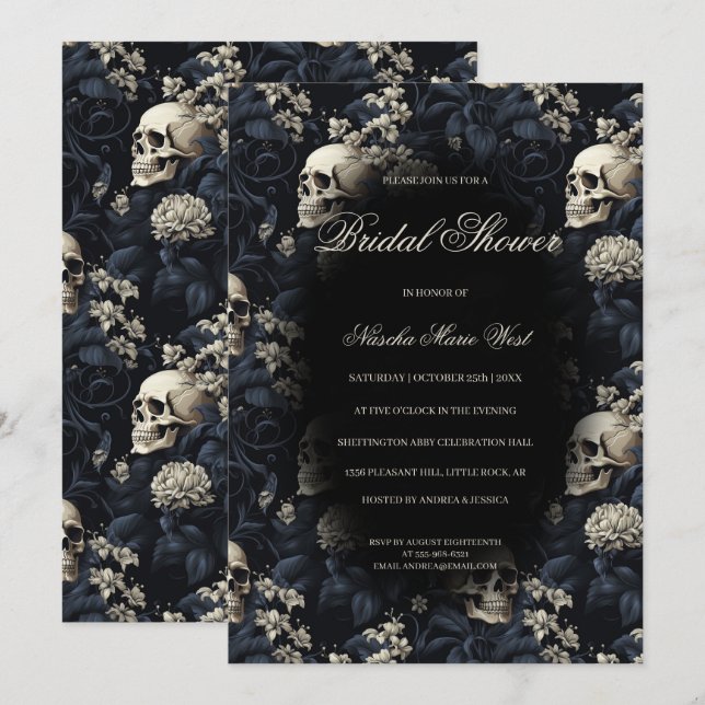 Gothic Floral Skulls Moody Dark Bridal Shower Invitation (Front/Back)