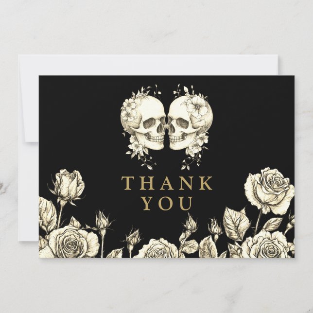 Gothic Floral Skulls Wedding Black And Gold Thank You Card (Front)
