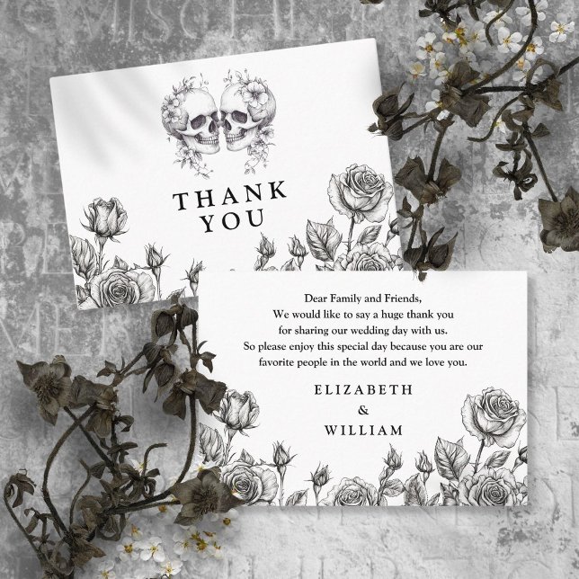 Gothic Floral Skulls Wedding Thank You Place Card (Gothic Floral Skulls Wedding Thank You Place Card)