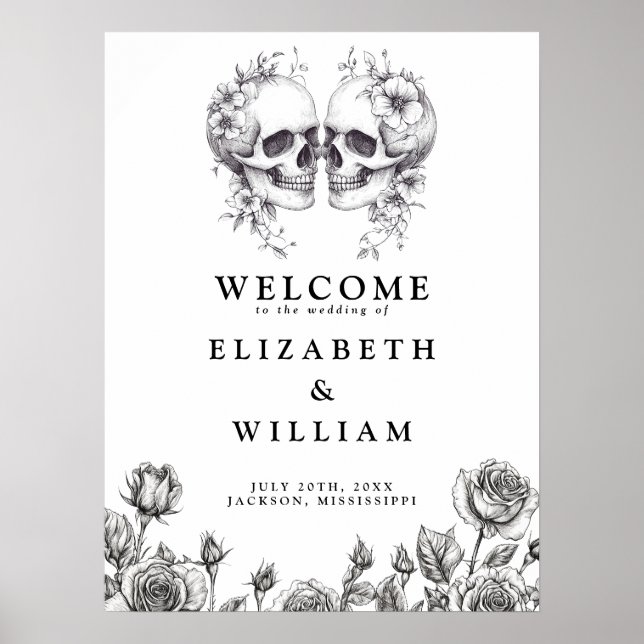 Gothic Floral Skulls Wedding Welcome Sign (Front)
