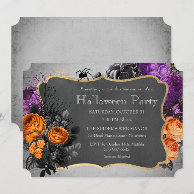 Gothic Floral Spider Halloween Party Invitation (Front/Back)