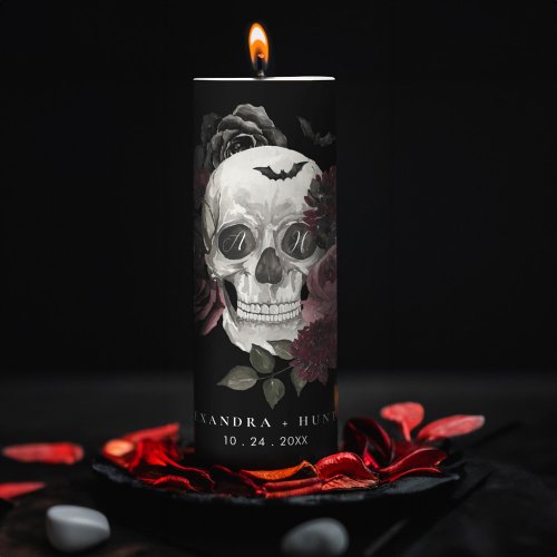 Gothic Floral Watercolor Skull Wedding Monogram Pillar Candle