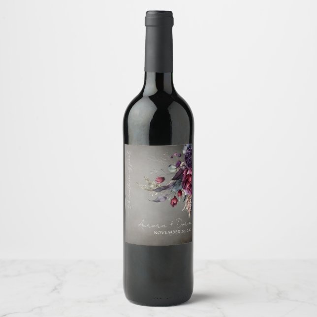 Gothic Floral Watercolor Wedding Wine Label (Front)