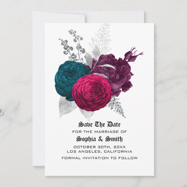 Gothic Floral Wedding Flat Save The Date Card (Front)
