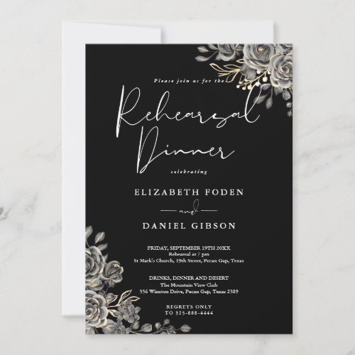 Gothic Floral White And Gold Rehearsal Dinner Invitation