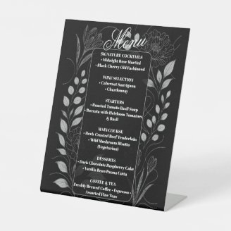 Gothic Florals Monochrome Black White Wedding Menu Pedestal Sign