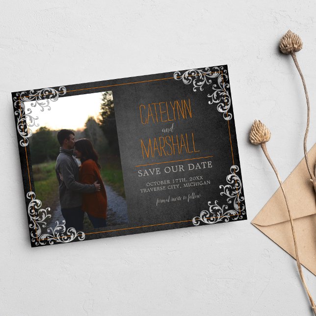 Gothic Flourish Halloween Orange Holiday Wedding Save The Date (Creator Uploaded)