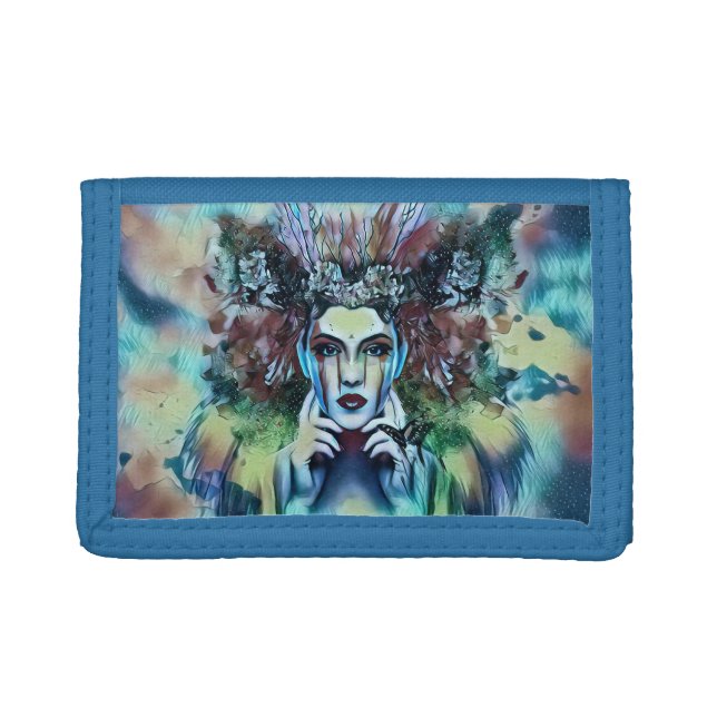 Gothic Flower Fairy Face Blue Trifold Wallet (Front)