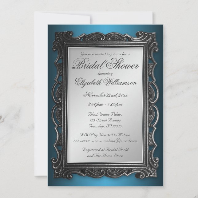 Gothic Frame Gray Blue Bridal Shower Invitations (Front)