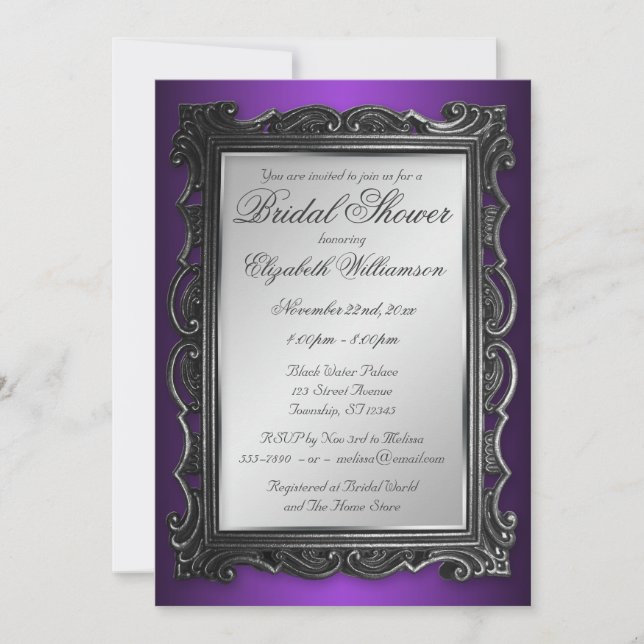 Gothic Frame Gray Purple Bridal Shower Invitations (Front)