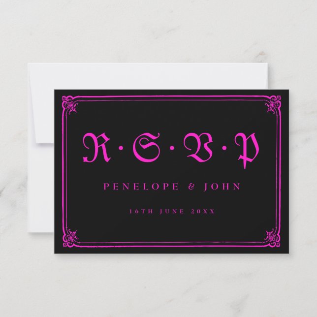 Gothic Frame Pink Black Typography Wedding RSVP Card (Front)