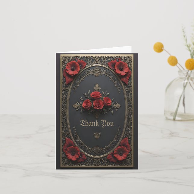 Gothic Frame with Red Flowers Thank You Card (Front)