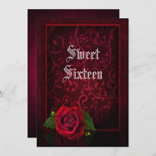 Gothic Framed Damask &  Red Rose Sweet 16 Invitation (Front/Back)