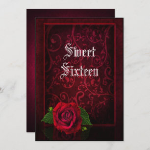 Gothic Framed Damask & Red Rose Sweet 16 Invitation