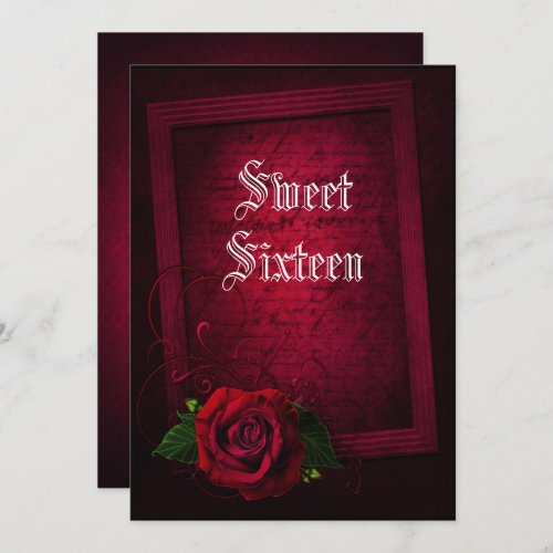 Gothic Framed Letter   Red Rose Sweet 16 Invitation