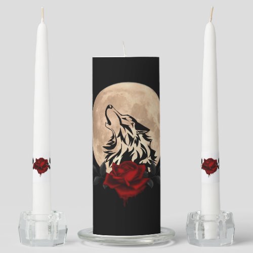 Gothic Full Moon With Tribal Wolf Unity Candle Set