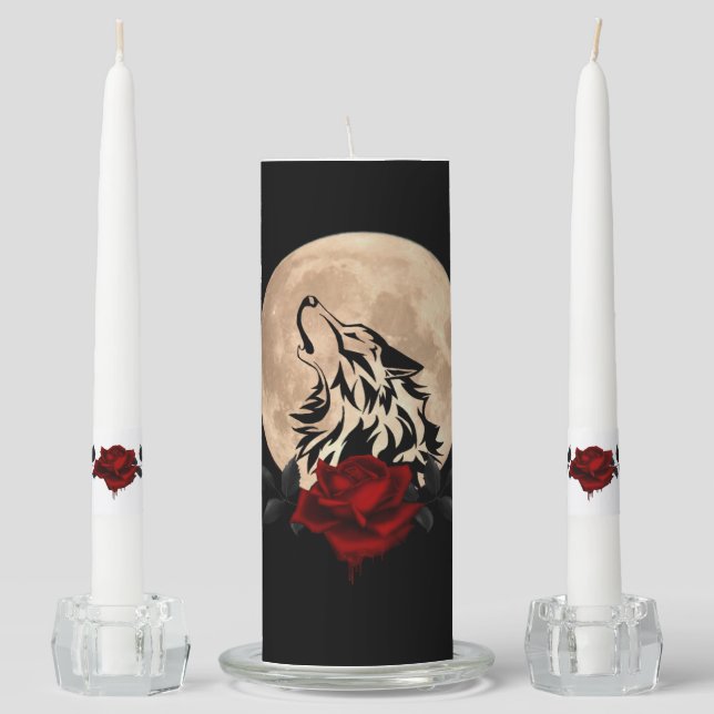 Gothic Full Moon With Tribal Wolf Unity Candle Set (Front)