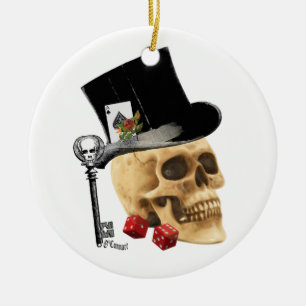Gothic gambler skull tattoo design ceramic ornament