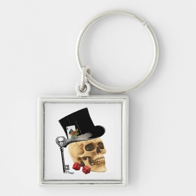 Gothic gambler skull tattoo design keychain (Front)