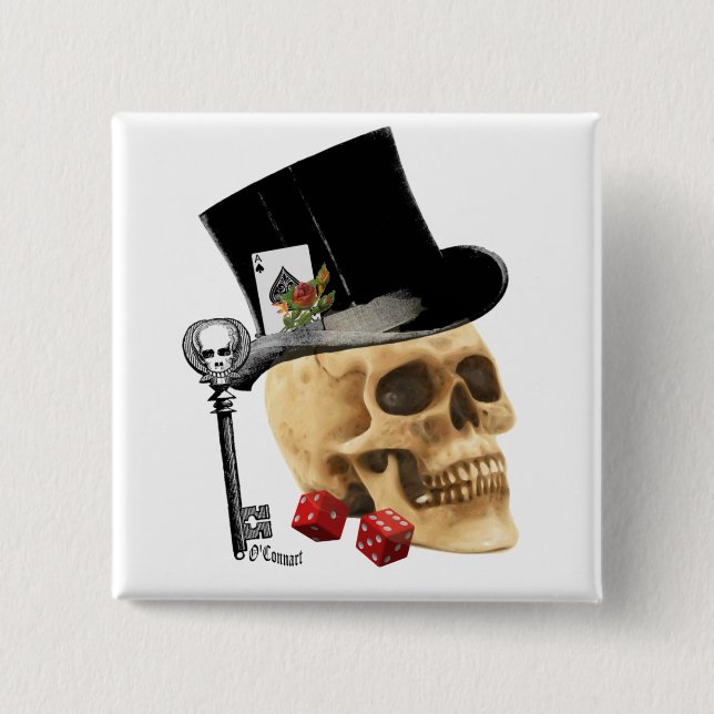 Gothic gambler skull tattoo design pinback button (Front)