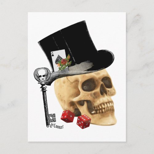 Gothic gambler skull tattoo design postcard