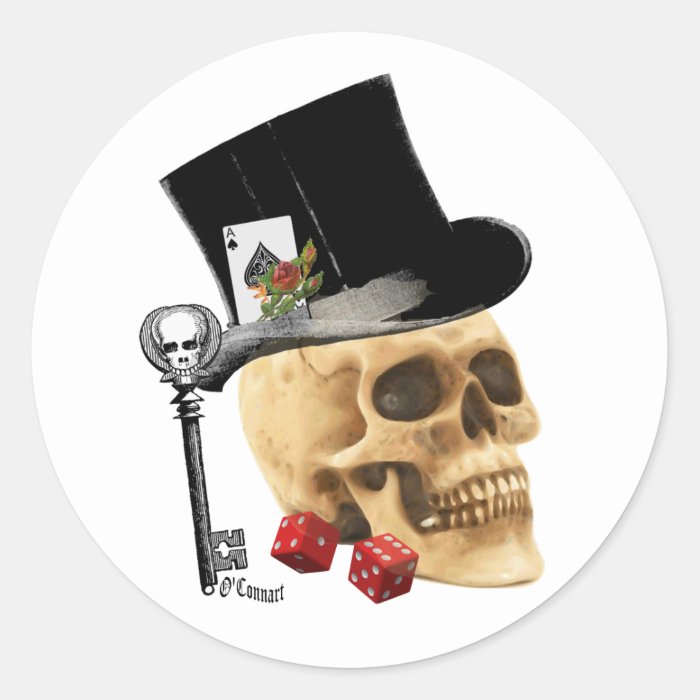 Gothic gambler skull tattoo design round sticker