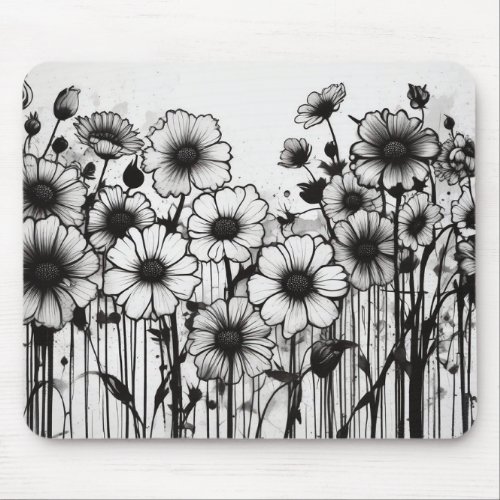 Gothic Garden Rhapsody Black Ink Floral Explosion Mouse Pad