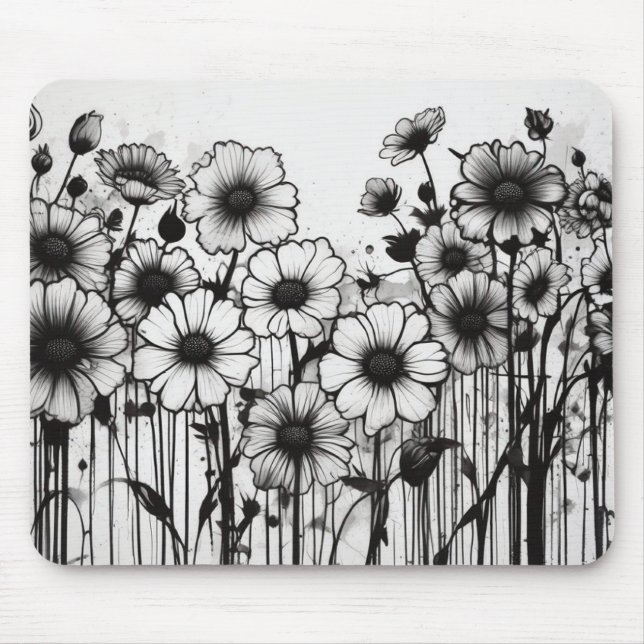 Gothic Garden Rhapsody Black Ink Floral Explosion Mouse Pad (Front)