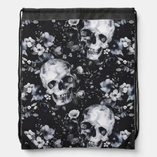 Gothic Garden Skulls and Floral Goth Summer Drawstring Bag