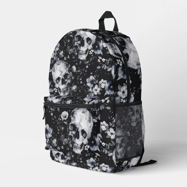 Gothic Garden Skulls and Floral Goth Summer Printed Backpack (Back Corner Right)