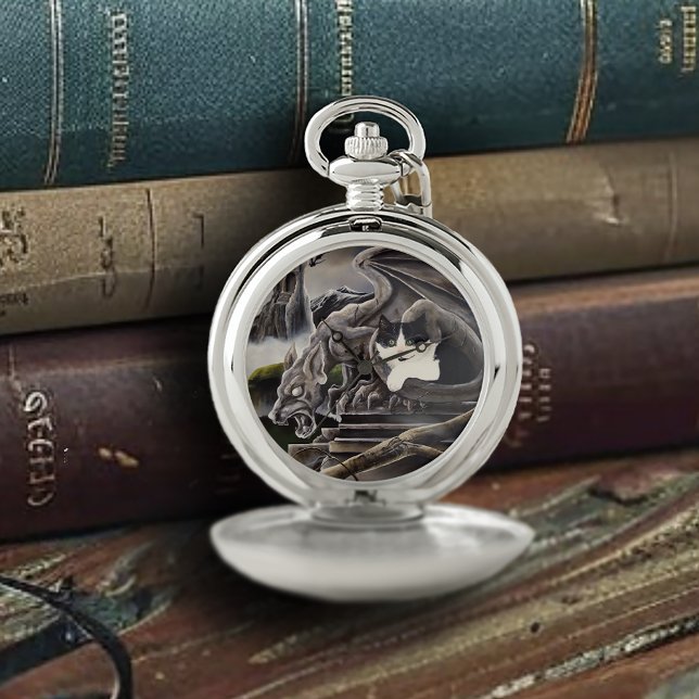 Gothic Gargoyle Cat Dark Fantasy Castle Pocket Watch (Creator Uploaded)
