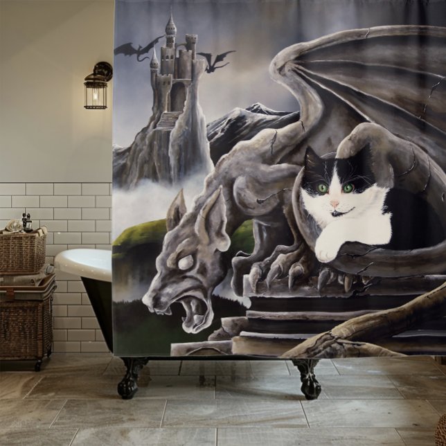Gothic Gargoyle Cat Dark Fantasy Castle Shower Curtain (Creator Uploaded)