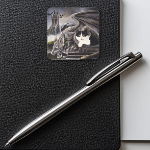 Gothic Gargoyle Cat Dark Fantasy Castle Square Sticker