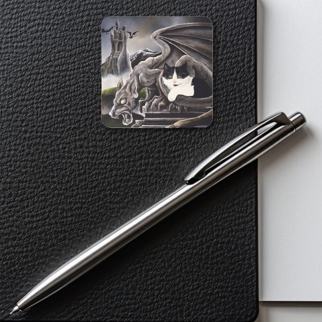 Gothic Gargoyle Cat Dark Fantasy Castle Square Sticker (Creator Uploaded)