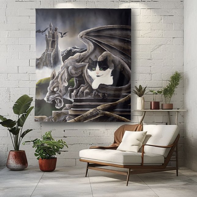 Gothic Gargoyle Cat Dark Fantasy Castle Tapestry (Creator Uploaded)
