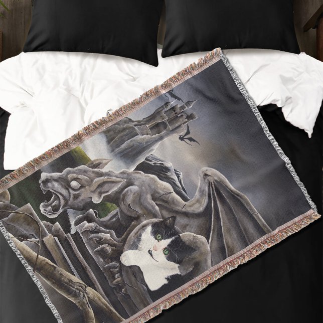Gothic Gargoyle Cat Dark Fantasy Castle Throw Blanket (Creator Uploaded)