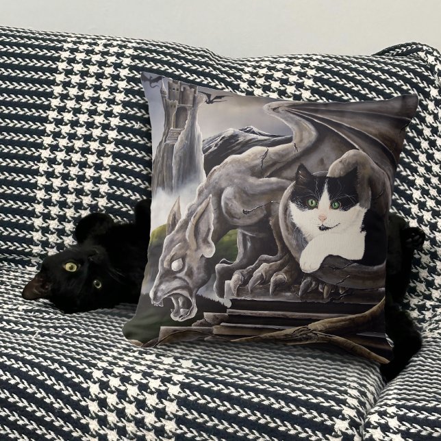 Gothic Gargoyle Cat Dark Fantasy Castle Throw Pillow (Creator Uploaded)