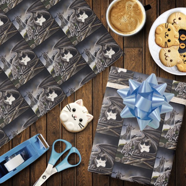 Gothic Gargoyle Cat Dark Fantasy Castle Wrapping Paper (Creator Uploaded)