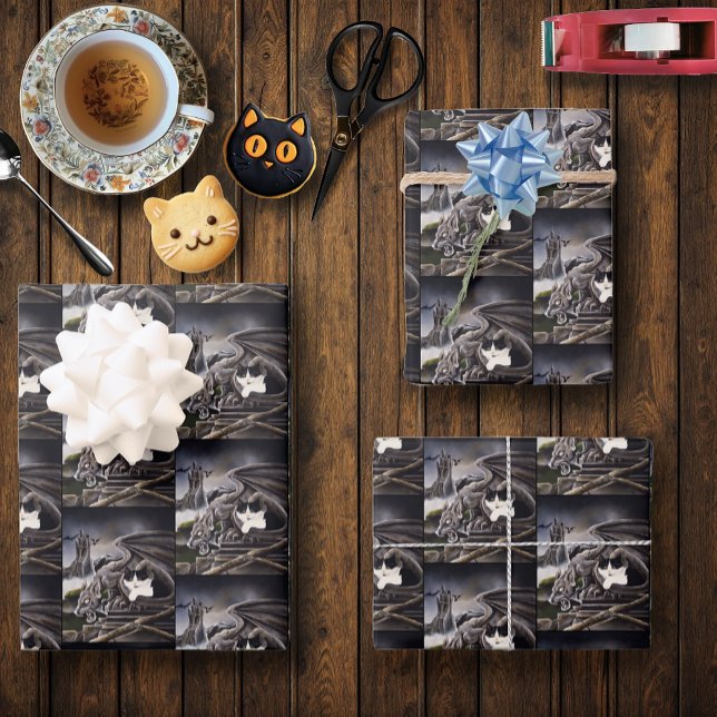 Gothic Gargoyle Cat Dark Fantasy Castle Wrapping Paper Sheets (Creator Uploaded)