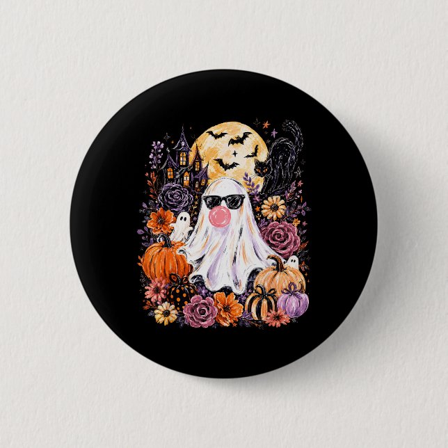 Gothic Ghost Blowing Bubble Halloween Pumpkin Button (Front)