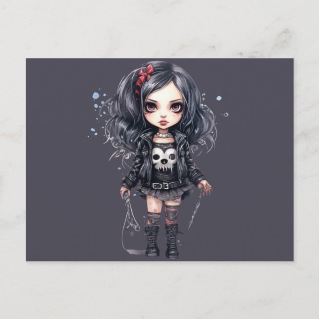 Gothic Girl Black and Gray Halloween Holiday Postcard (Front)