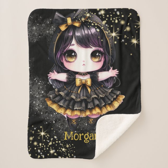 Gothic Girl Custom Decor Goth Kawaii Chibi Sherpa Blanket (Front)