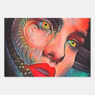 Gothic Girl Face Yellow Eyes Red Lips Wrapping Paper Sheets
