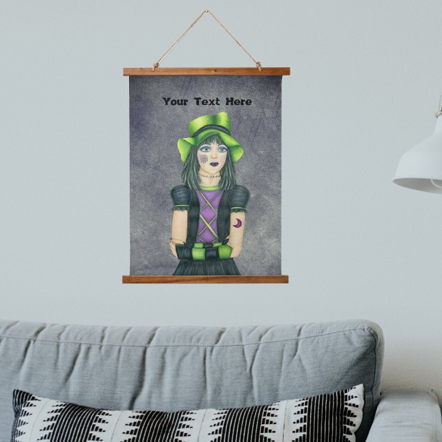  Gothic Girl Green Hat Black Purple Dress Grey Hanging Tapestry (Pretty Gothic girl green hat black dress fingerless gloves tattoos on dark grey hanging tapestry.)