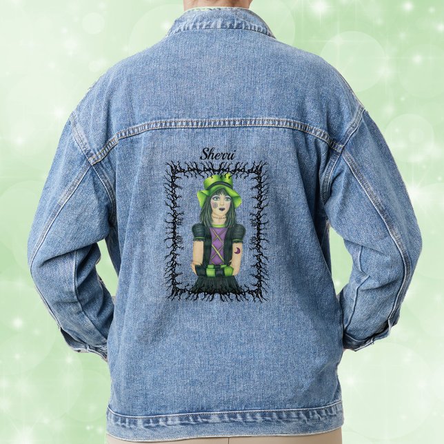 Gothic Girl Green Hat Tattoos barbed black Frame Denim Jacket (Pretty Gothic girl green hat spiderweb and moon tatoos barbed black branch frame on denim jacket.)