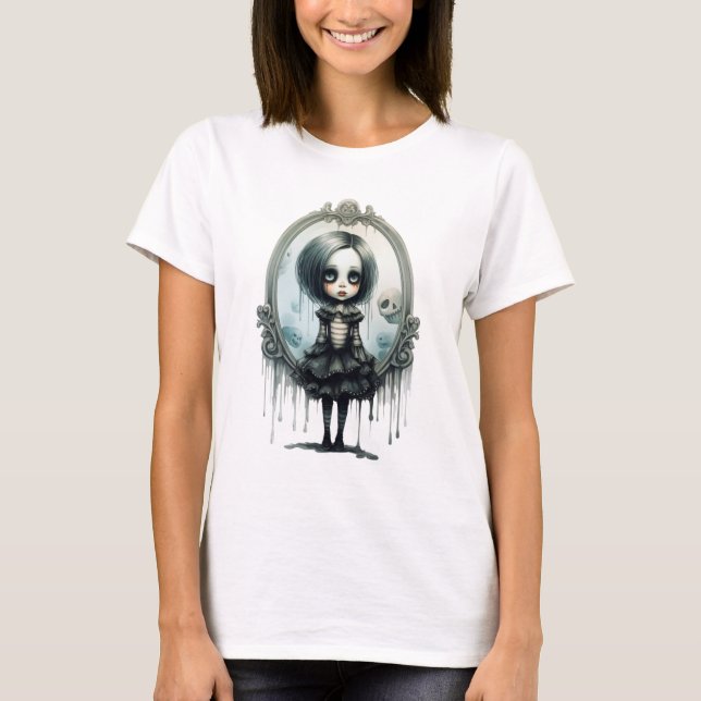 Gothic Girl in Victorian Mirror Halloween T-Shirt (Front)