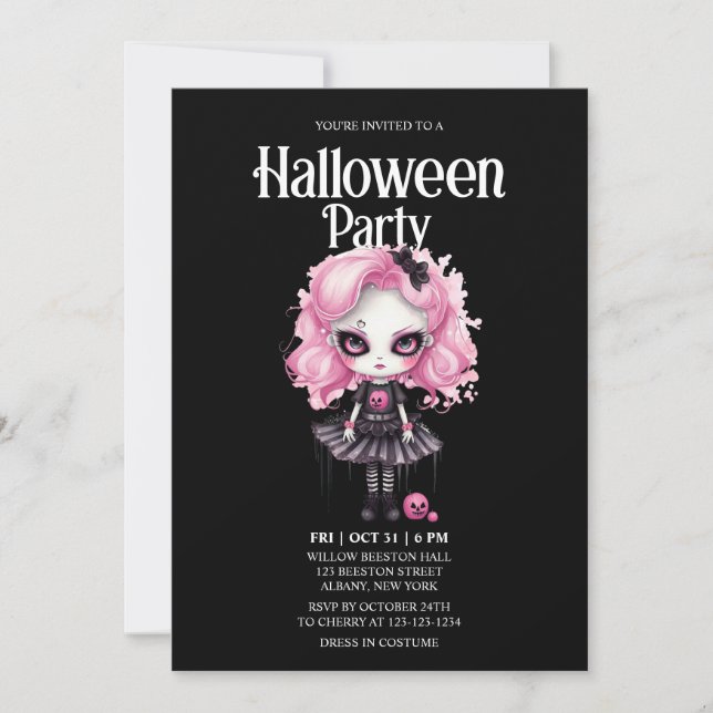 Gothic Girl Pumpkin Pink Horror Halloween Party Invitation (Front)