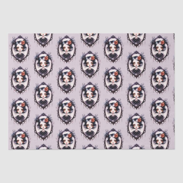 Gothic Girl Victorian Mirror Gray Halloween Tissue Paper (Front)